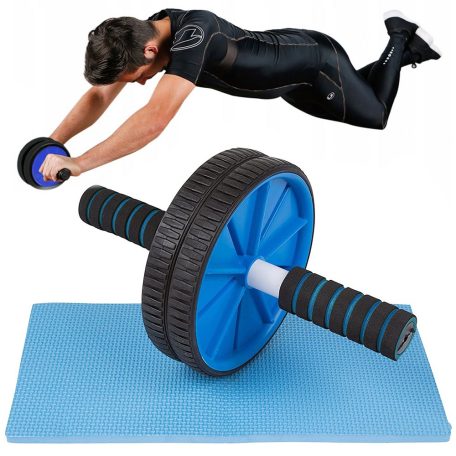 Cvičitel břišních svalů s dvojitými protiskluzovými kolečky v modré barvě s podložkou zdarma