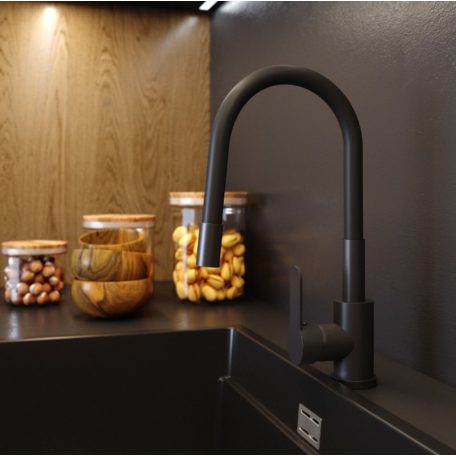 Černá páková kuchyňská baterie s flexibilním výtokovým ramenem