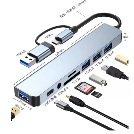 8-portový USB HUB - 3xUSB-A 2.0 1xUSB-A 3.0 1xUSB-C 3.1 1xSD 1xmicroSD 1xAudio