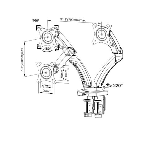 Nastavitelný dvojitý otočný stojan na stolní monitor (17"-27") pro úhlopříčky obrazovky od 43 cm do 68 cm