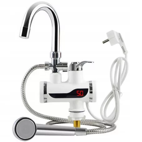 LED displejová baterie s okamžitým ohřívačem vody se sprchovou hlavicí v bílé barvě - 3000W