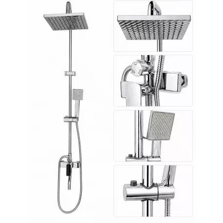 Hranatý měděný sprchový set s baterií - barva chrom
