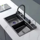 Elegantní nerezový multifunkční kuchyňský dřez s dvojitou baterií, myčka skla, LED displej, prkénko na krájení