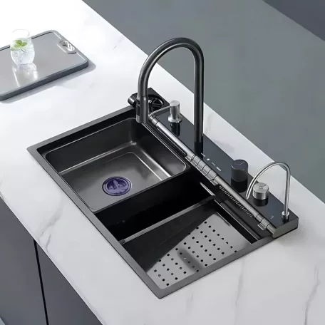 Elegantní nerezový multifunkční kuchyňský dřez s dvojitou baterií, myčka skla, LED displej, prkénko na krájení