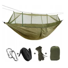   Houpací síť s moskytiérou v zelené barvě v praktickém držáku 260 cm x 140 cm s příslušenstvím