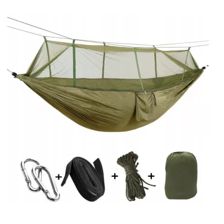 Houpací síť s moskytiérou v zelené barvě v praktickém držáku 260 cm x 140 cm s příslušenstvím