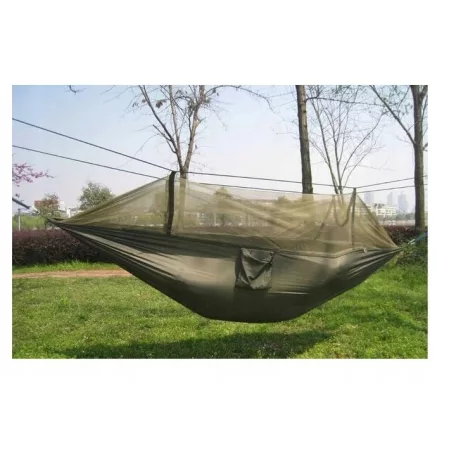 Houpací síť s moskytiérou v zelené barvě v praktickém držáku 260 cm x 140 cm s příslušenstvím