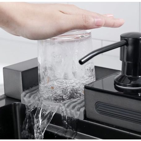 Elegantní multifunkční kuchyňský dřez Detroit z nerezavějící oceli s dvojitým kohoutkem, myčkou sklenicí, LED displejem a prkénkem na krájení - 75 cm x 45 cm