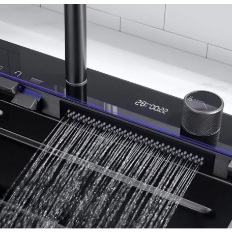 Elegantní multifunkční kuchyňský dřez Detroit z nerezavějící oceli s dvojitým kohoutkem, myčkou sklenicí, LED displejem a prkénkem na krájení - 75 cm x 45 cm