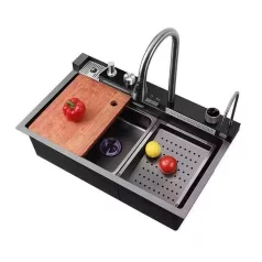  Elegantní multifunkční kuchyňský dřez Detroit z nerezavějící oceli s dvojitým kohoutkem, myčkou sklenicí, LED displejem a prkénkem na krájení - 68 cm x 45 cm