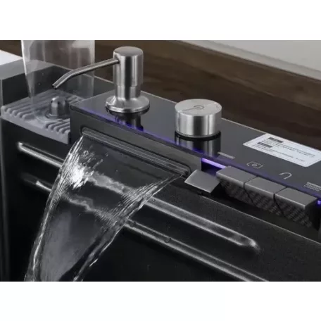 Elegantní multifunkční kuchyňský dřez Detroit z nerezavějící oceli s dvojitým kohoutkem, myčkou sklenicí, LED displejem a prkénkem na krájení - 68 cm x 45 cm