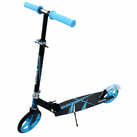 Skládací koloběžka v modro-černé barvě - nastavitelná výška, brzdový systém zadních kol, silikonová kolečka