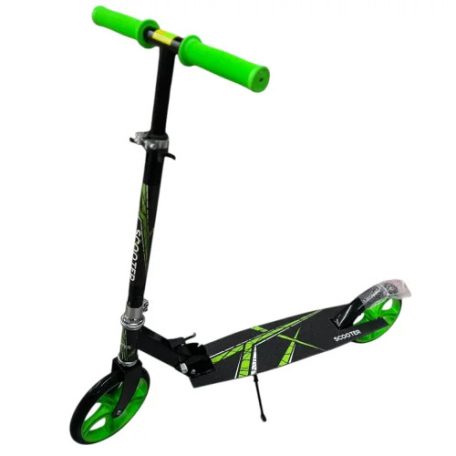 Skládací koloběžka v zeleno-černé barvě - nastavitelná výška, brzdový systém zadních koleček, silikonová kolečka