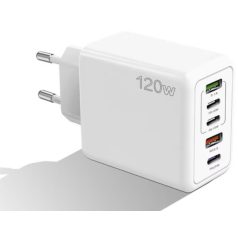   120W bílá síťová nabíječka 3 x USB-C, 2 x USB-A, rychlé nabíjení, iPhone, Huawei, Samsung, Xiaomi