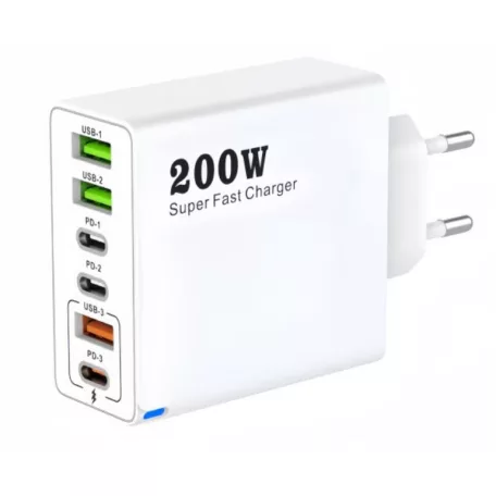 200W bílá síťová rychlonabíječka 3 x USB-C, 2 x USB-A, iPhone, Huawei, Samsung, Xiaomi
