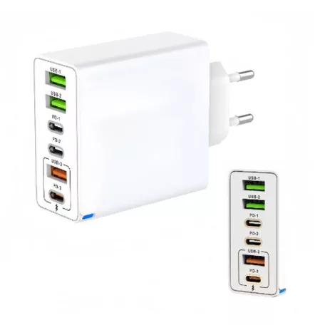 200W bílá síťová rychlonabíječka 3 x USB-C, 2 x USB-A, iPhone, Huawei, Samsung, Xiaomi