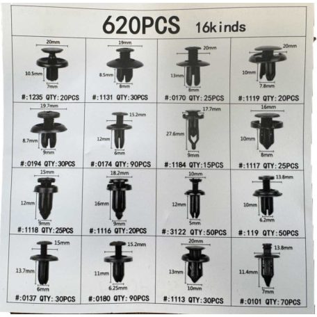 620-dílná sada autosvorek, plastová, univerzální, 16 různých modelů, černá barva